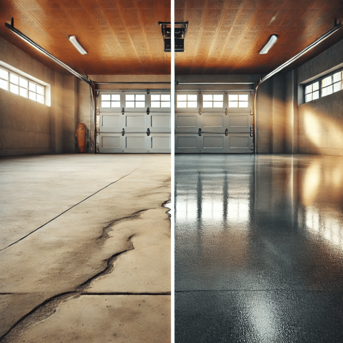 A before-and-after of a garage with and without epoxy flooring.